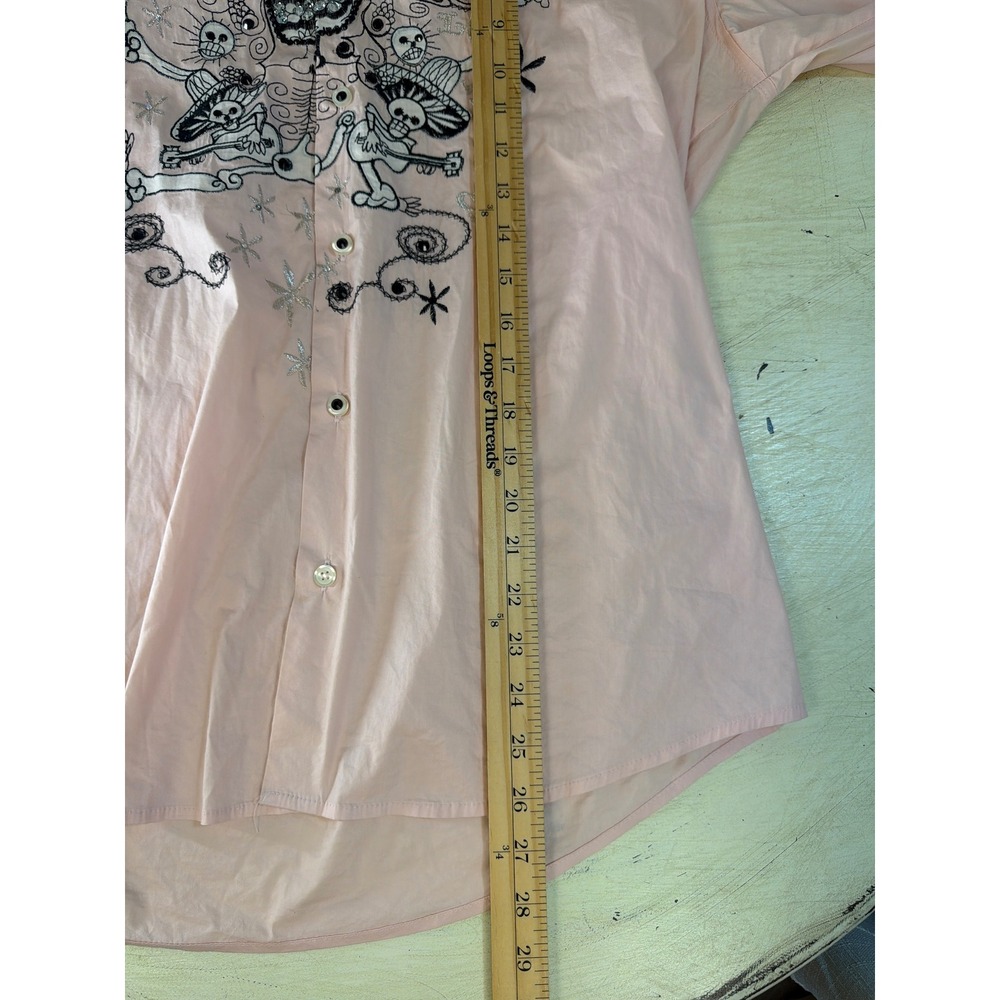Energie Gold Button Up Shirt Mens L Pink Dia de los Muertos Skull Y2K - Picture 8 of 9